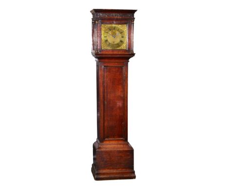 A LATE 18TH CENTURY OAK 30 HOUR LONGCASE CLOCK, the 11" square brass dial with Roman chapter ring, Arabic five minutes signed