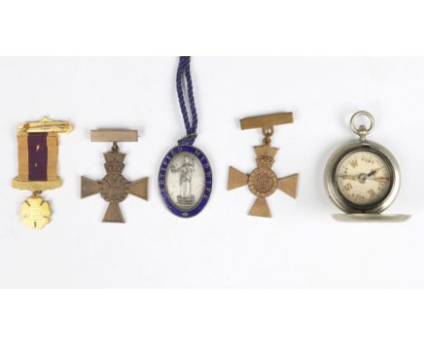 TWO MEDALS relating to Moorfield Eye Hospital and a midwife badge and compass (4)