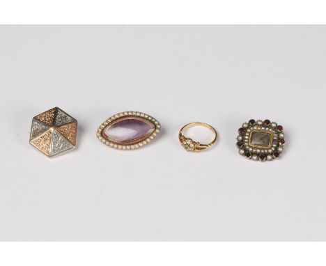 A GARNET AND PEARL SET MOURNING BROOCH, a pearl and enamel brooch, a further brooch and an 18ct gold ring (4)