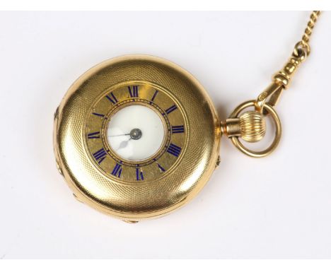 AN 18CT GOLD HALF HUNTER POCKET WATCH by H.W. Typke of Wigmore St, London with top wind, white enamel dial and Arabic numeral