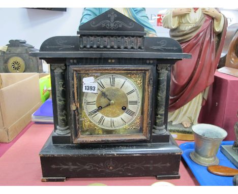 A Victorian Ebonised Wooden Cased Mantel Clock, fourteen day strike movement with pendulum and key, twin pillars to either si