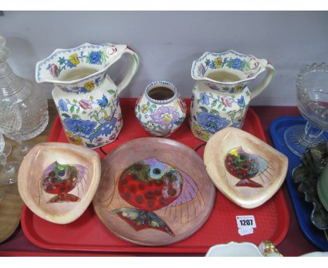 Two Mason's 'Regency' Jugs, Poole vase, PR fish plate and bowls.