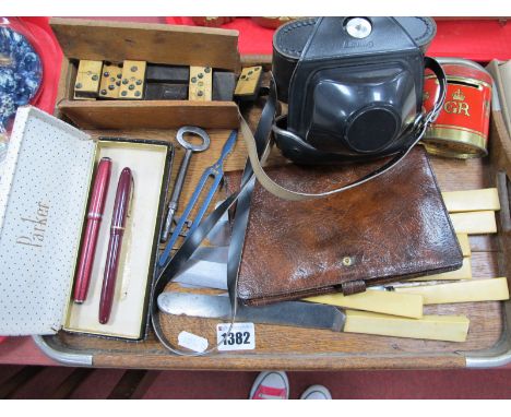 Oak Tray, Waterman's ink pen having 14k nib, dominoes, Beirette Camera, tuning fork, etc.