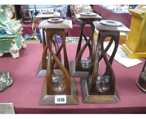Four Oak Candlestick, with wrythen supports, square bases. (4)