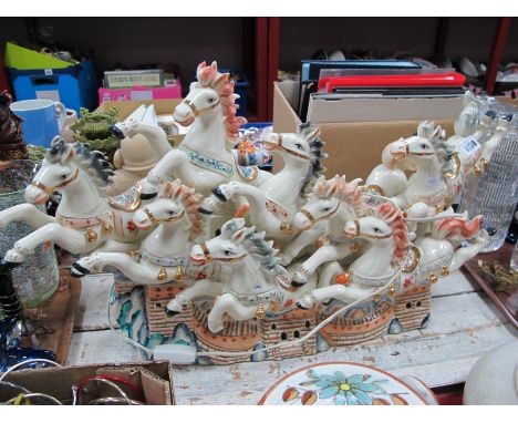 Oriental Large Pottery Table Lamp, as eight galloping horses, 71cm wide.