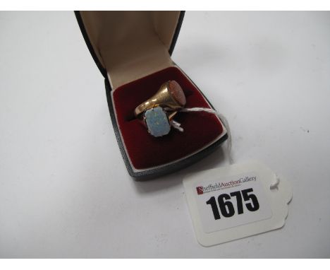 A 9ct Gold Goldstone Inset Signet Style Ring; together with an opal (doublet) panel ring (2)
