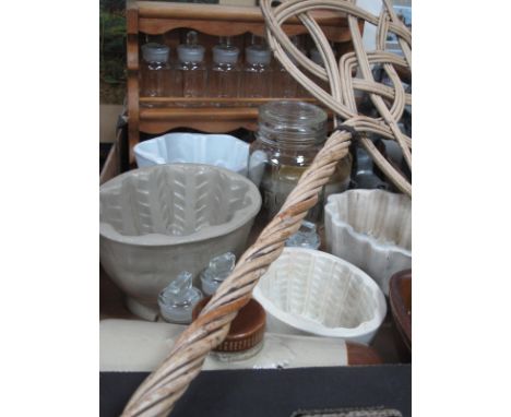 Stoneware Pottery Jelly Moulds, spice rack and jars, carpet beater, etc:- One Box. 