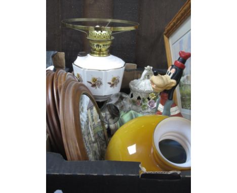 Oil Lamp, Doulton plates, Goofy figure, Terry Harrison print, etc:- One Box. 