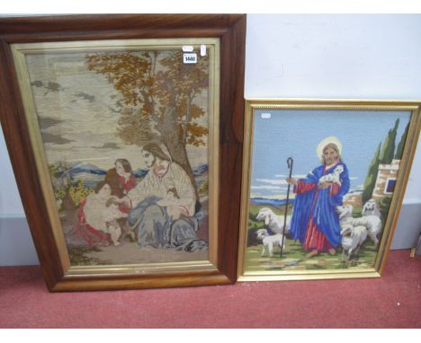 XIX Century Woolwork Tapestry of Jesus, sitting by a tree with children, in a rosewood frame; together with one other, woolwo