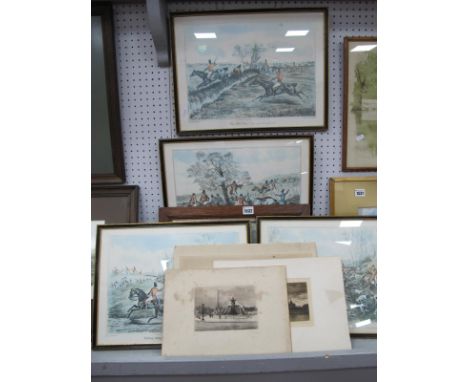 Five Framed Hunting Prints, etchings including French themes, Preston Cribb print of Lock Eck. (10)