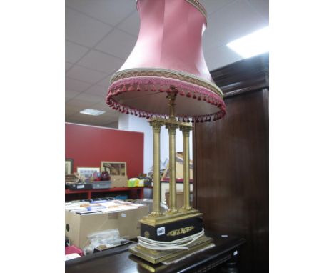 Brass Table Lamp, with three Corinthian column supports on stepped Morocco and brass base.