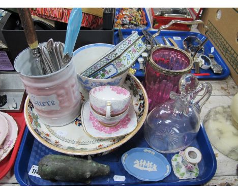 Cranberry Glass Biscuit Barrel (Lacking Lid), Claret decanter, enamelled sugar bowl, Chinese enamel trinket box, novelty pig,