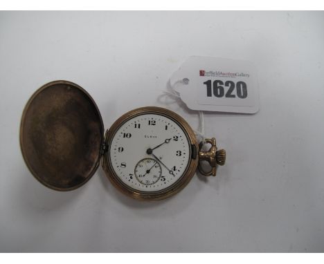 Elgin; A Gold Plated Hunter Cased Pocket Watch, the signed dial (lacking perspex/glass) with Arabic numerals and seconds subs