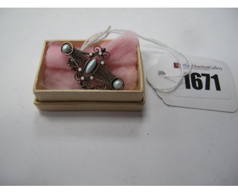 Marius Hammer; A Norwegian Enamel Brooch, of filigree style suspending three drops, stamped makers mark and "930S".