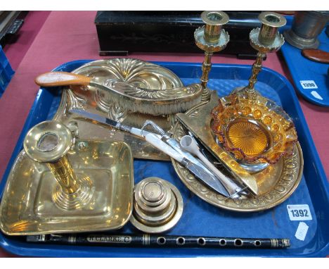 Brass Ware, penknives, pipe, tin plate, fruit etc:- One Tray. 