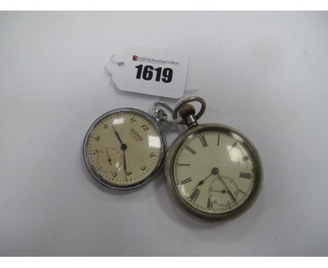 An Openface Pocketwatch, the unsigned dial with Roman numerals and seconds subsidiary dial, within plain case, stamped "Silve
