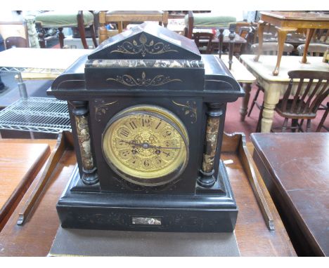 Early Xx Century Black Slate and Marble Cased Mantel Clock, with eight day movement and gilded dial, 31.5cm wide.