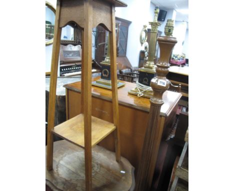 A 1920's Light Oak Plant Pedestal, having under shelf, Edwardian occasional table (stained top) plus standard lamp (3) 