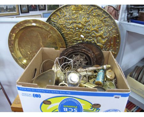 Scales and Weight, brassware, etc:- One Box, two brass wall plaques.