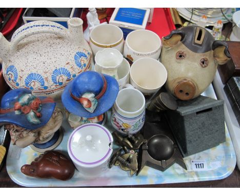 Poole Pottery Jam Pot and Vase, piggy bank, Belleek vase, Baltic vessel, commemorative ware, etc:- One Tray. 