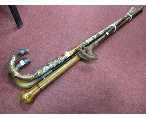 Early XX Century Horn Handled Walking Stick, with silver band, early XX Century walking stick with an inlaid pommel; together