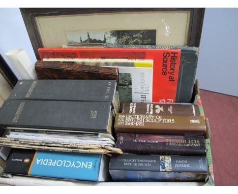 Postcards in Album, Books including Guinevere by Tennyson 1868, newspapers, print etc:- One Box