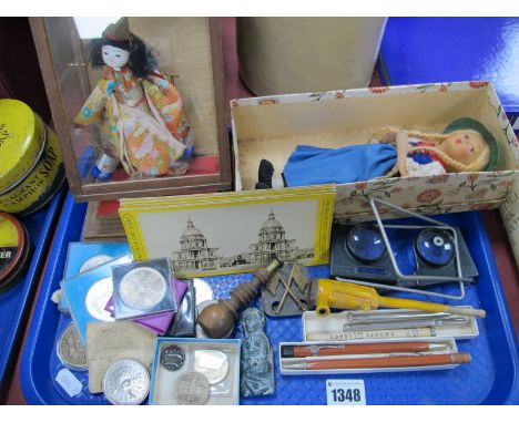 A Paris No 5 Montereau Pipe as a Train, Steroscopic Viewer (damaged). Austrian and Japanese dolls, coinage, incl Taxida, pen 