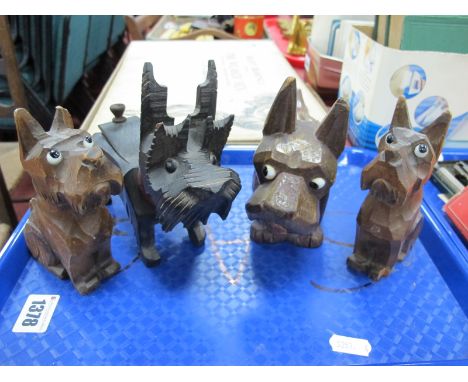 Two Continental Softwood Trinket Boxes as Terrier Dogs, having swivel heads, approximately 15cm high. A pair similar with gla