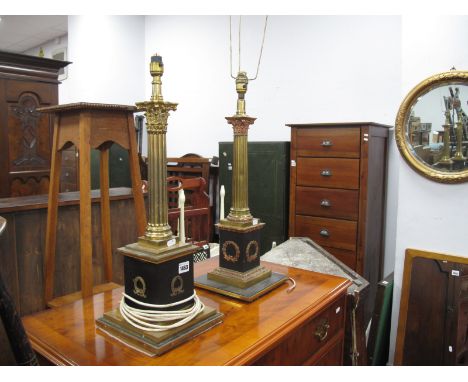 Two Brass Single Corinthian Column Table Lamp.