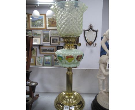 Early XX Century Brass Oil Lamp, with painted glass well and tinted bell shape shade.