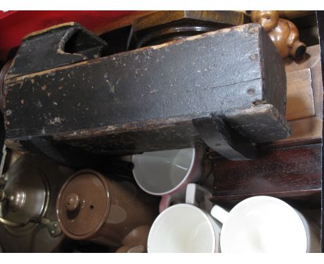 XIX Century Pine Dolls Crib, XIX Century copper kettle, Aneroid barometer, mahogany table lamp, etc:- One Box