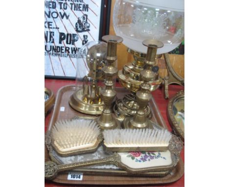 Prescott Mantel Clock, electric lamp, candlesticks, gilt and needlework dressing table ware:- One Tray