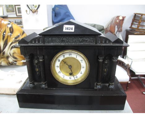 Early XX Century Black Slate Cased Mantel Clock, with Corinthian columns, cream chapter ring.