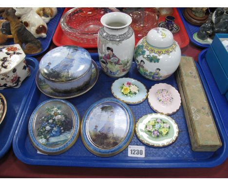 Three Adderley Oval Floral Plaques, Goebel 'Artis Orbis' Ware, Oriental vase and ginger jar, fan:- One Tray