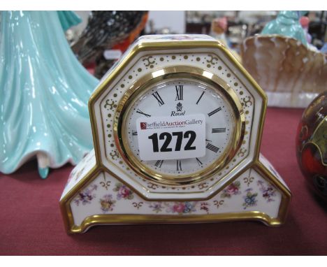 Royal Crown Derby 'Royal Antoinette' Mantel Clock, 13cm wide.