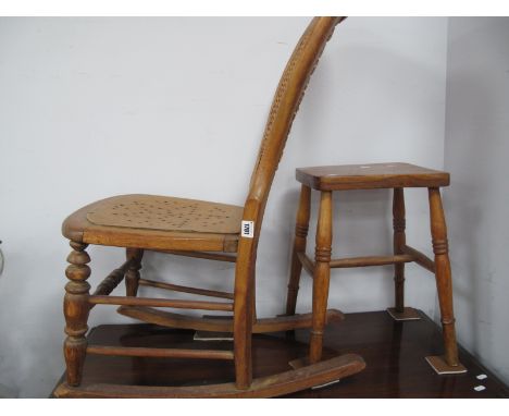 XIX Century Ash Rocking Chair, with a carved back on turned legs, rockers, together with ash elm stool. (2)