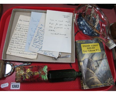 A Printed Letter from Winston Churchill, other letters, enamel mirror, ship in a bottle, XIX Century snuff box, etc:- One Tra