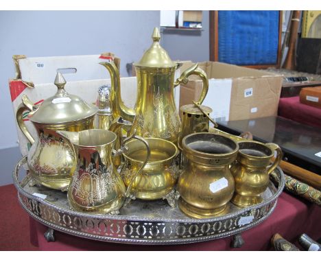  Brass Tea Set, XIX Century "½ Pint" and "1 Gill" mugs, miniature miner's lamp, oval tray.