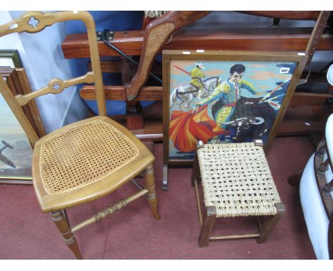 Early XX Century Bedroom Chair, fire screen and coffee table, with a wool tapestry of a matador, and a stool. (3) 