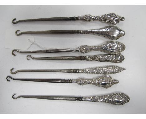 Seven Hallmarked Silver Handled Button Hooks, (longest 18cm). (7)