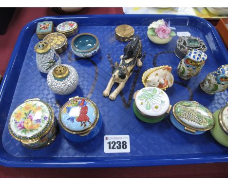 Enamel Patch Boxes, to include Ayshford, Sumner Collection, Danbury Mint, Staffordshire, Estee Lauder 'cat' perfume etc:- One