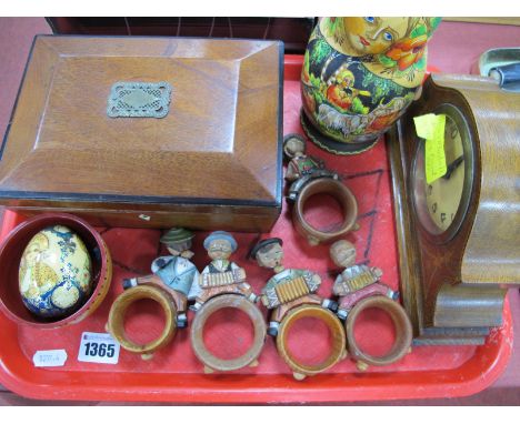XIX Century Mahogany Box, oak inlaid mantel clock, painted Russian doll, etc:- One Tray