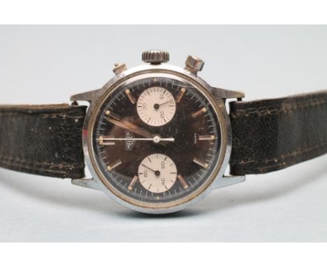 AN EDOUARD HEUER CHRONOGRAPH WRISTWATCH, c.1960's, "reverse panda" dial with part luminous silvered batons and hands, two sil