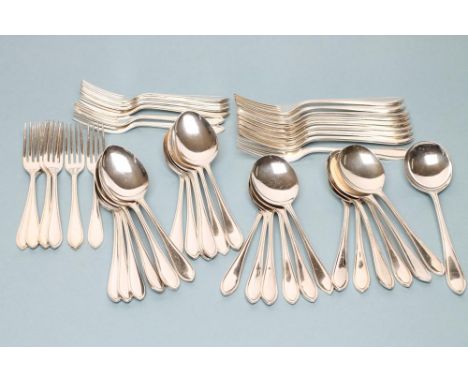 A SILVER COMPOSITE PART TABLE SERVICE, maker Viners, Sheffield, mainly 1960's, in reeded Celtic point pattern, comprising thi