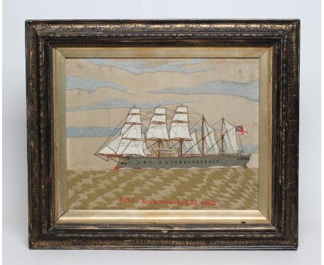 A VICTORIAN SAILOR'S WOOLWORK PICTURE, worked in coloured wools on a gros point canvas with a portrait of HMS Northumberland 