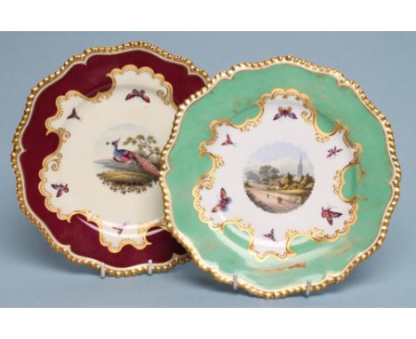 TWO FLIGHT, BARR &amp; BARR WORCESTER PORCELAIN CABINET PLATES, of shaped circular form with gilded gadrooned rims, one centr