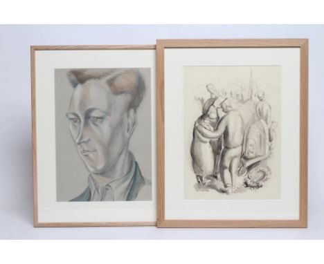 IRIS HARDCASTLE (1919-2013), Mourners, pencil and wash, unsigned, 14 3/4" x 10 3/4", blond wood frame, together with another,