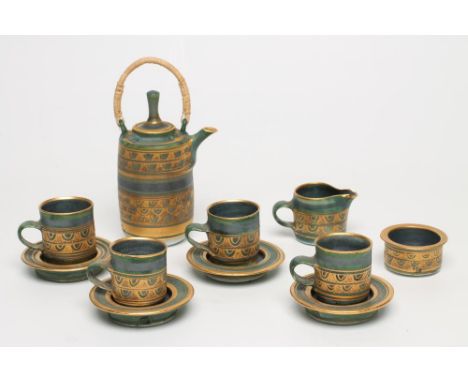 MARY RICH (b.1940), a studio porcelain miniature coffee service with purple/blue and gilt peacock feather banding on a green 