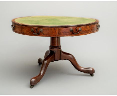 A GEORGIAN MAHOGANY LIBRARY DRUM TABLE, third quarter 18th century, the moulded edged and banded revolving top lined in green