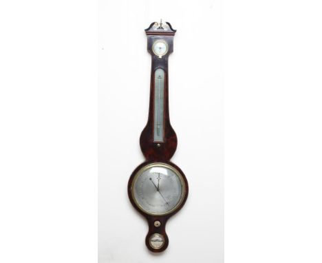 A MAHOGANY FOUR GLASS WHEEL BAROMETER by Jeremiah Giscava, with silvered registers and thermometer, the case with string inla